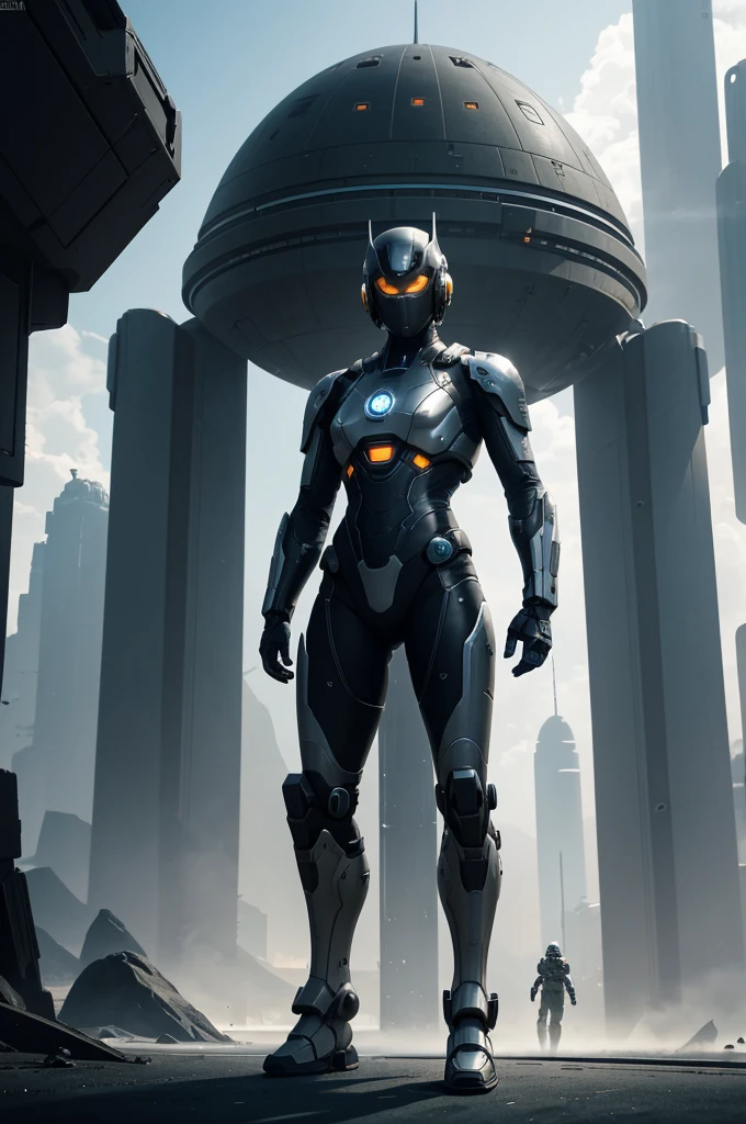 Standing mech, full body frontal, simple_background, white_background, reggie steel, metallic, black sand, laser sight, owtech, sci-fi, stylized, ghibli, flat monochrome drawing, light and shadow realistic, cyberpunk, futuristic, digital art, best quality, graphic animation, sfw, starsector, sci-fi style, high-tech product, sci-fi, fantasy, very detailed detail, digital painting, Trends on artstation, concept art, sharp focus, illustration,