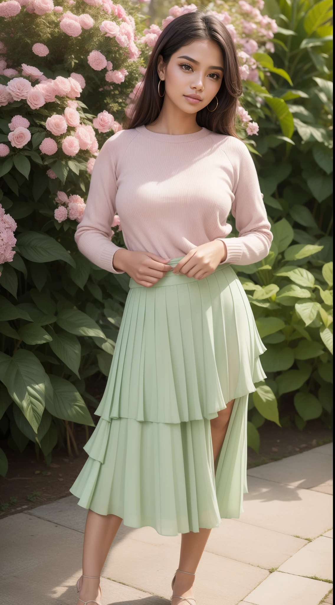 RAW, Best quality, high resolution, works: 1.3), beautiful Malay woman in hijau:0.8)1Beautiful Malay woman, beautiful face, watery eyes, perfect lips, big eyeig breasts)),perfect body, thick thighs ,soft smiling, wearing a green pleated red sweater and skirt, feminine in cute pastel colors, pleated skirt, feminine in pastel colors, wearing a long fluent skirt, layered clothes, wearing long flowing fabrics, pastel style, pastel clothes, in pastel colors, muted pink and grey, muted and pastel colors, in pastel colors, standing on floral garden, close up, bright lighting,