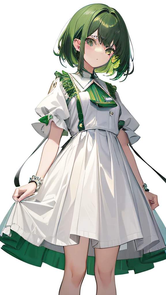 Press your temples with both hands teens girl I'm scared Medium Hair green colored hair flat chest Full body restraint white clothes
