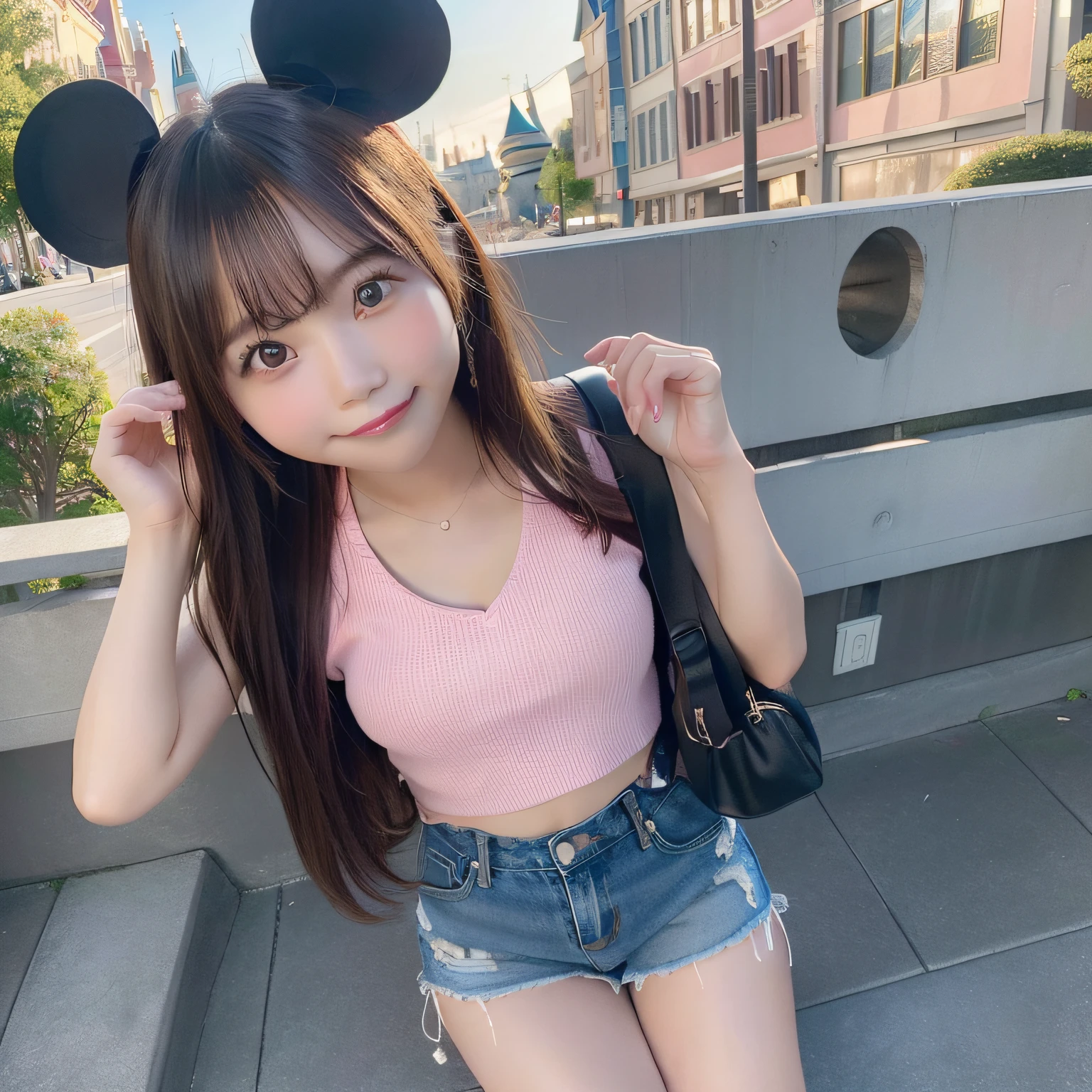 (Best Quality),(4K),(in 8K),(hight resolution),(Top image quality),cute little,1 girl in,独奏,Bright eyes、２０college aged、Disney land、date、Cute clothes、mickey mouse black ears、Pink Denim Shorts、Emphasized chest、Chest open、message sent、sexypose、Bright sunshine