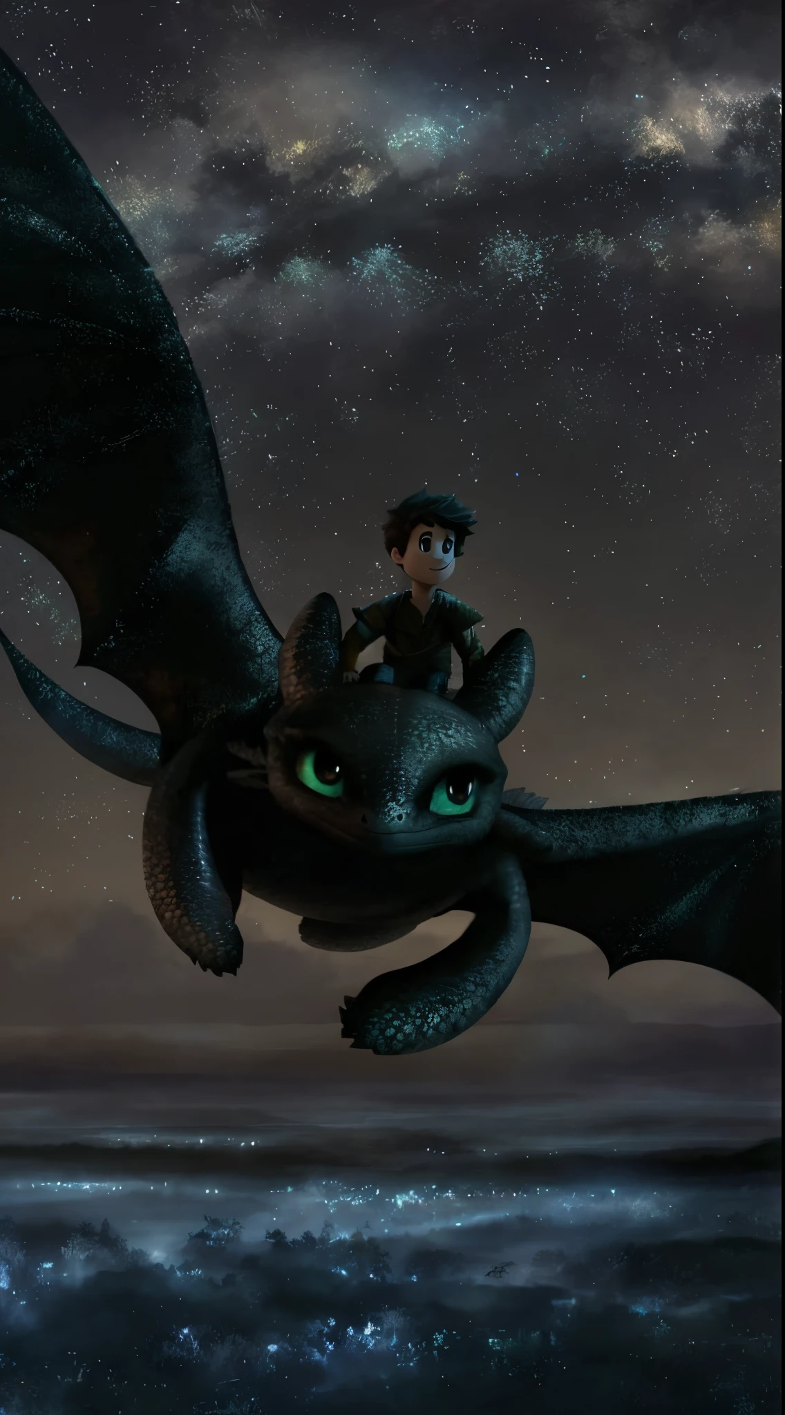 blurry image of a boy riding a dragon in the middle of the night, night fury, desdentado, how to train your dragon, dragon flying in the background, mutante desdentado, dragons flying in the sky, dragon flying in sky, dragon flying in sky, animation movie still, dragons flying around, dragon in the background, dragon flying, animated film, Riding a dragon
