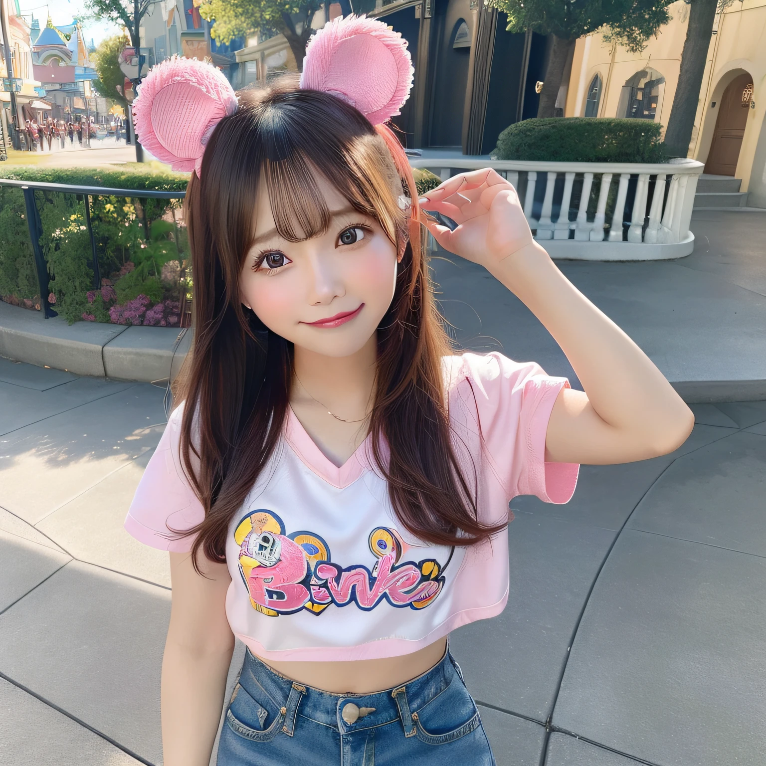 (Best Quality),(4K),(in 8K),(hight resolution),(Top image quality),cute little,1 girl in,独奏,Bright eyes、２０college aged、Disney land、date、Cute clothes、mickey mouse black ears、Pink Denim Shorts、Emphasized chest、Chest open、message sent、sexypose、Bright sunshine