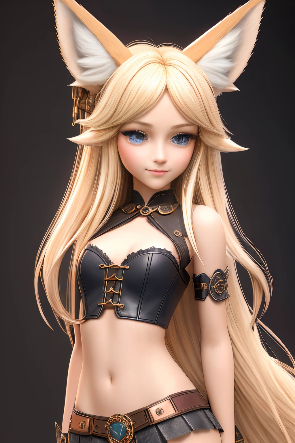 close up 1girl in, teenager, Solo, Aesthetic artwork, blond, straight blonde hair, super long blonde hair, light blue eyes, some small freckles, pale skin, (large fox ears:1.25), medium breasts, cleavage, runners body, Loli, Petite Little Girl, (thin hips, thin waist: 1.25), detailed skin, shy smile, wearing a steampunk outfit with lace, leather corset, ornamental copper parts, portrait, pleated skirt, 50mm, 8k textures, soft cinematic light, RAW intricate, elegant, highly detailed, sharp focus, ((((cinematic look)))), soothing tones, insane details, intricate details, hyperdetailed, low contrast, soft cinematic light, dim colors, exposure blend, hdr, faded
