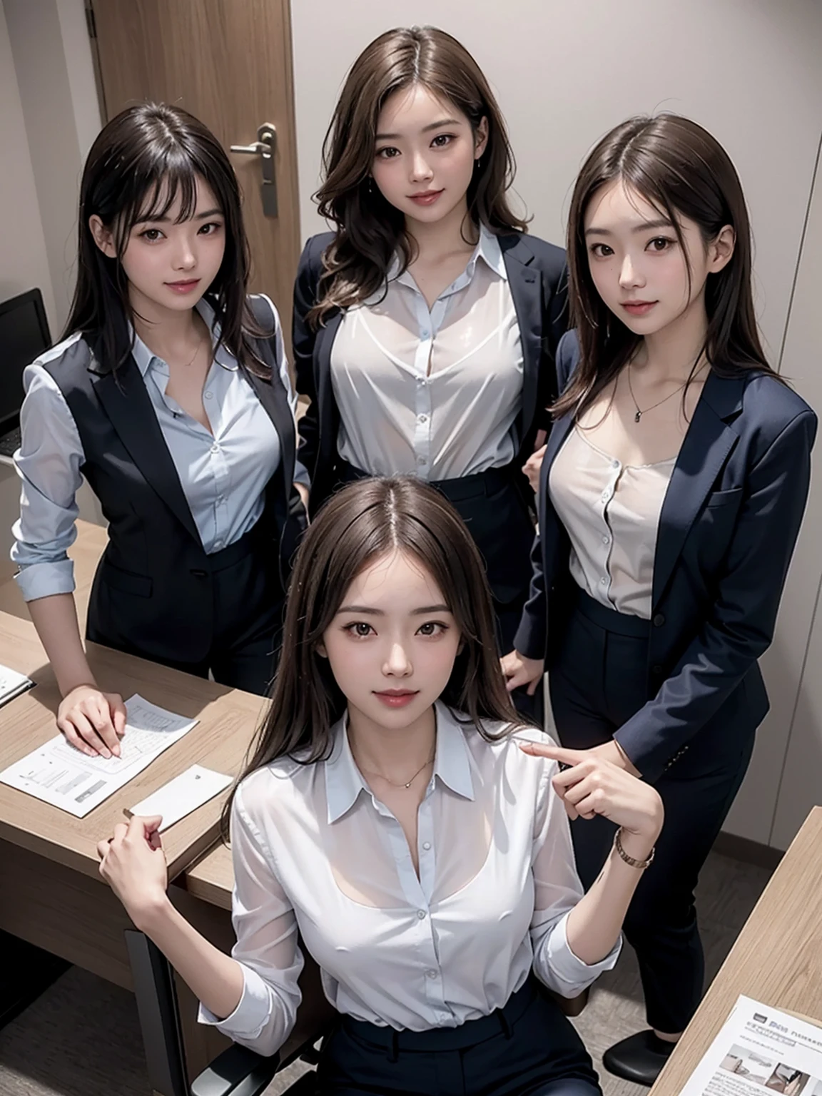 (Masterpiece), (8K, Photorealistic, RAW Photography, Best Quality: 1.4), Japan, Beautiful Face, (Realistic Face), (Medium Hair:1.3), Realistic Eyes, Beautiful Eyes, Attractive, Ultra High Definition, Ultra Realistic, High Definition, Beautiful Japan woman, grey suit, open jacket, ((jacket)), office lady, suit, ((pants)), (modern office indoors), desk, detailed face, long hair, group picture, multiple girls, 4girls, looking at viewer, ((smile)), (from above), ((white shirt)), (open shirt), ((see-through:1.4))