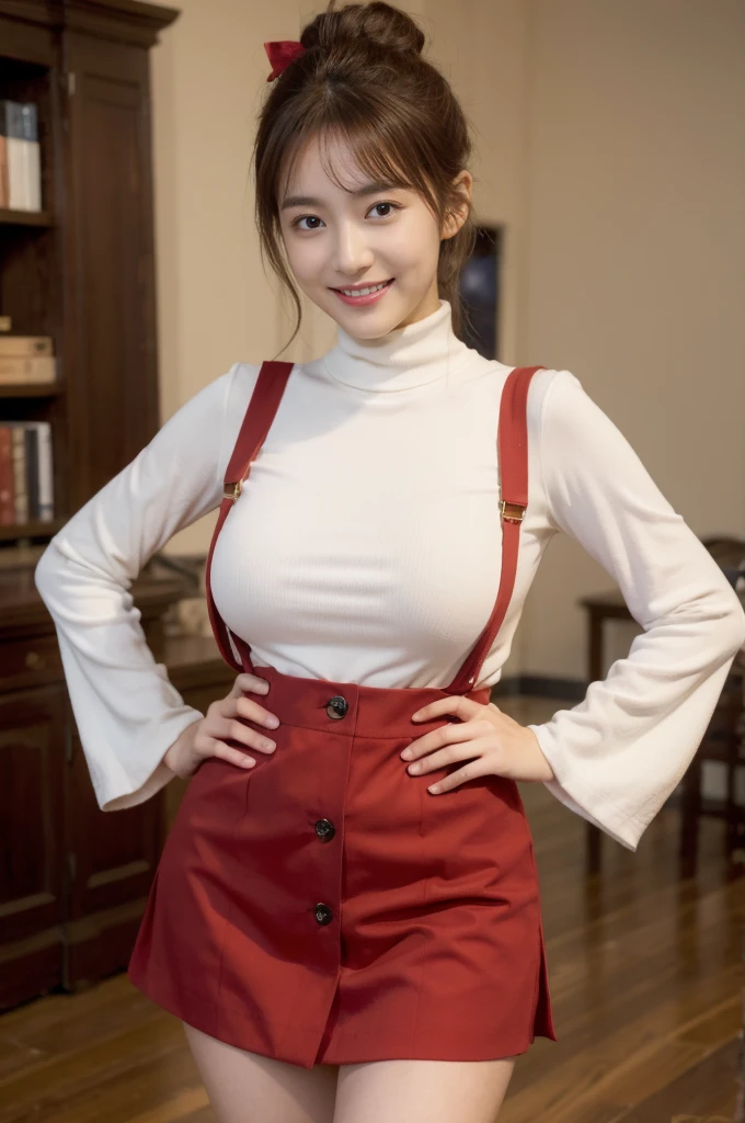 (On a table, Best quality at best, realistically, ultra - detailed, meticuloso, A high resolution, 8k wallpaper), Close-up portrait of a beautiful woman, Chariada, Smiling, light brown messy hair, Perfect dynamic composition, 美丽meticuloso的眼睛, Just like the cover of a fashion magazine, On campus