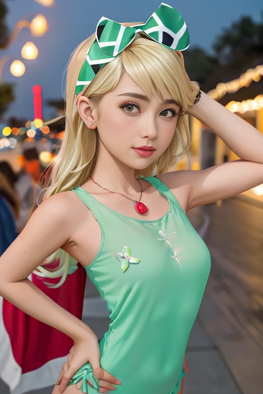 masterpiece, best quality, (realistic,photo-realistic:1.4), (RAW photo:1.2), extremely detailed CG unity 8k wallpaper, delicate and beautiful, amazing,finely detail, official art, absurdres, incredibly absurdres, huge filesize, ultra-detailed,extremely detailed eyes and face,light on face,little smile,leafa,(blonde hair:1.4),long hair,abandoned room,white shirt,black blazers,(wearing green lingerie:1.4),holding flower,forest,ponytail,braided sidelocks,harbor