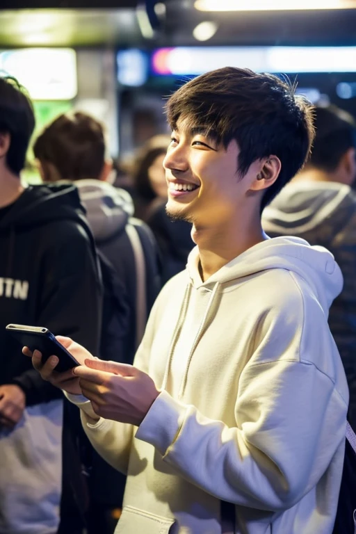 A 20-year-old Japanese man smiles while looking at his smartphone.,There are a lot of people in the underground live venue.,Wearing a white hoodie