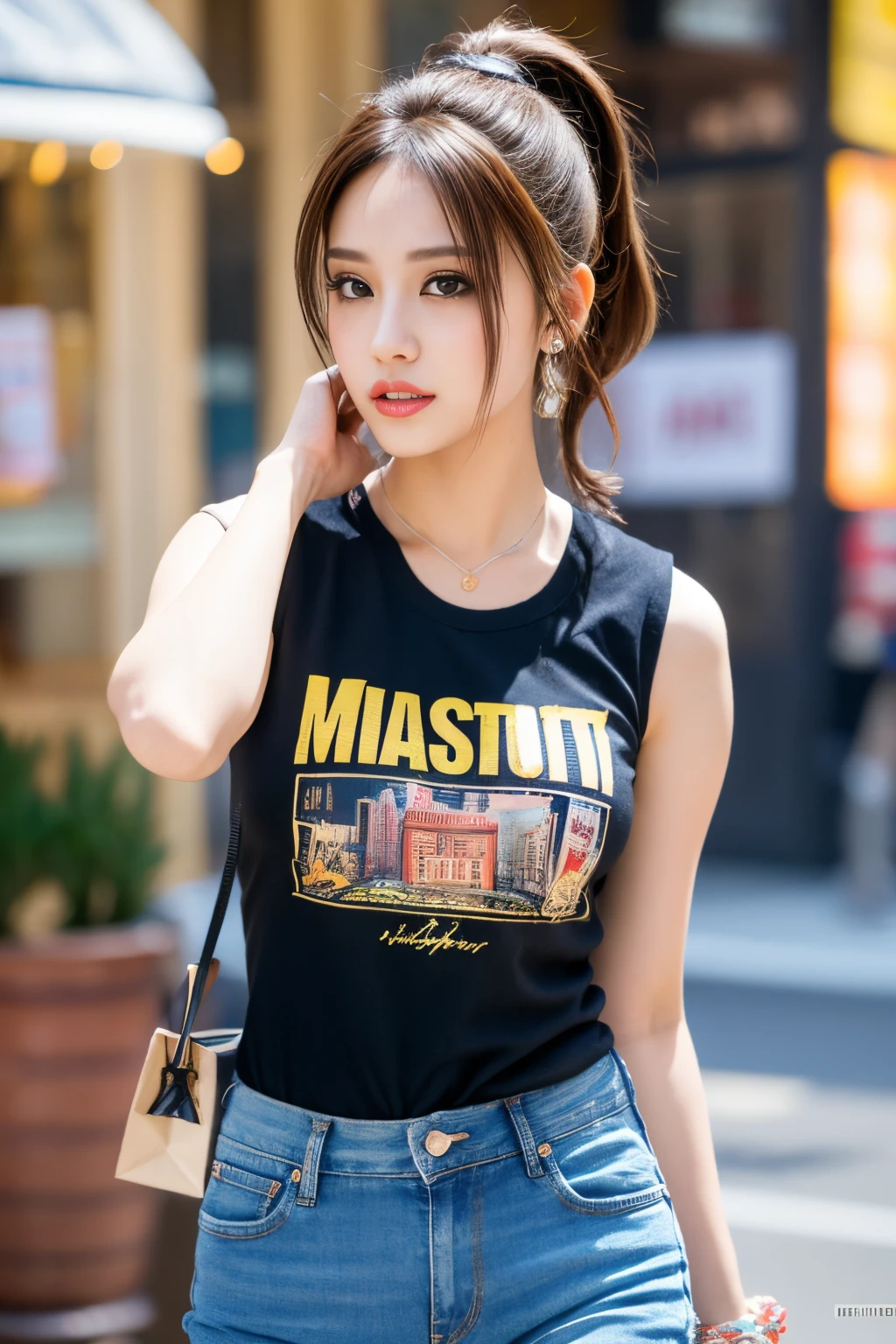 Full body, ponytails_hair, ornate, City Girl, cleavage, vest, T-shirt and jeans shorts, Hot Girl, Shopping in the city, (masterpiece), bestquality, high-res, Very detailed, blurred background, Depth of Field, Cinematic lighting,