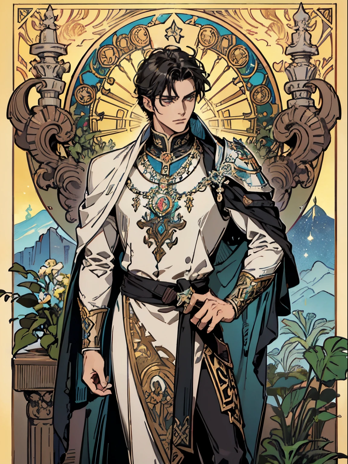 (Flat color:1.1),(Colorful:1.3),(Masterpiece:1.2), tarot: 1knight, backlit black hair, paladin with a sword, clad in metal armor, Chris Bumstead, Leon Scott Kennedy, formidable and handsome, dominant, Best quality, Masterpiece, Original, Full body photo of men, Very detailed wallpaper,Solo, starry sky,tarot card layout,Best quality, Masterpiece, (Realistic:0.6), Realistic lighting,Flower frame, Decorative panels, abstract artistic, Alphonse Mucha (tmasterpiece, best qualtiy, A high resolution: 1.4), A detailed, Complicated details, 4K,cerulean, Line art, Fibonacci