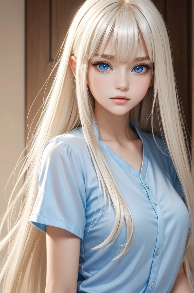 Unparalleled beauty, shiny shiny firm and shiny skin, bangs between eyes, shiny straight beautiful platinum blonde, super long straight silky hair, eyeliner, sexy beautiful innocent , high definition big big beautiful bright blue eyes, beautiful and lovely girl, baby face, sve shirt