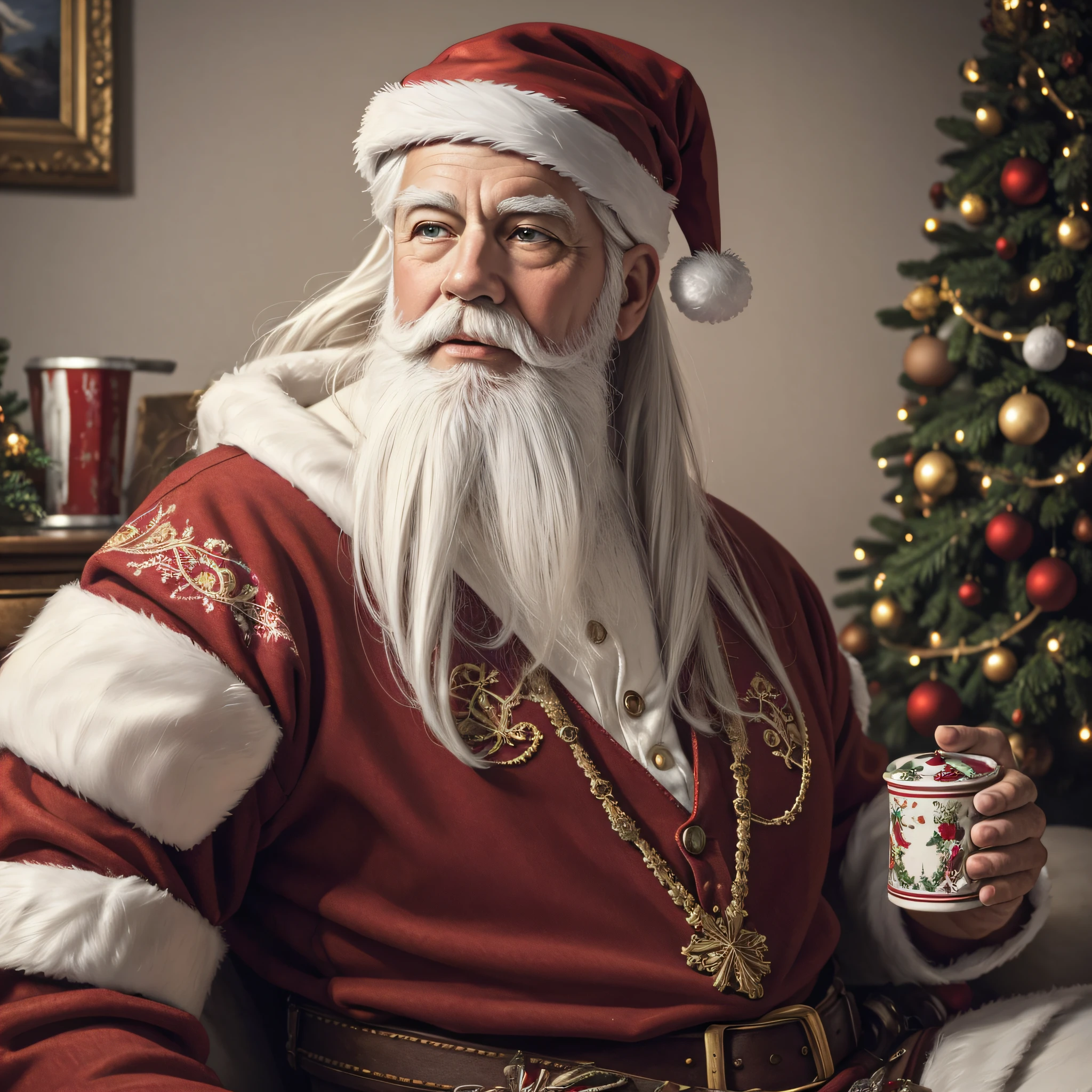 full body drawing of santa ,Resurrection, bestquality, Realistic, photorealistic portrait, Award winning illustration, (intricate detailed: 1.2), (delicate details), (intricate detailed), Vintage Santa Claus with white hair sits and looks at the camera., Realistic paintings by Mac Conner, Pexels, Realism, charachter, The man wore old red clothes and overalls., The background is a Christmas aesthetic painting. , Create a contrast between the realistic and artistic elements of the image.,10