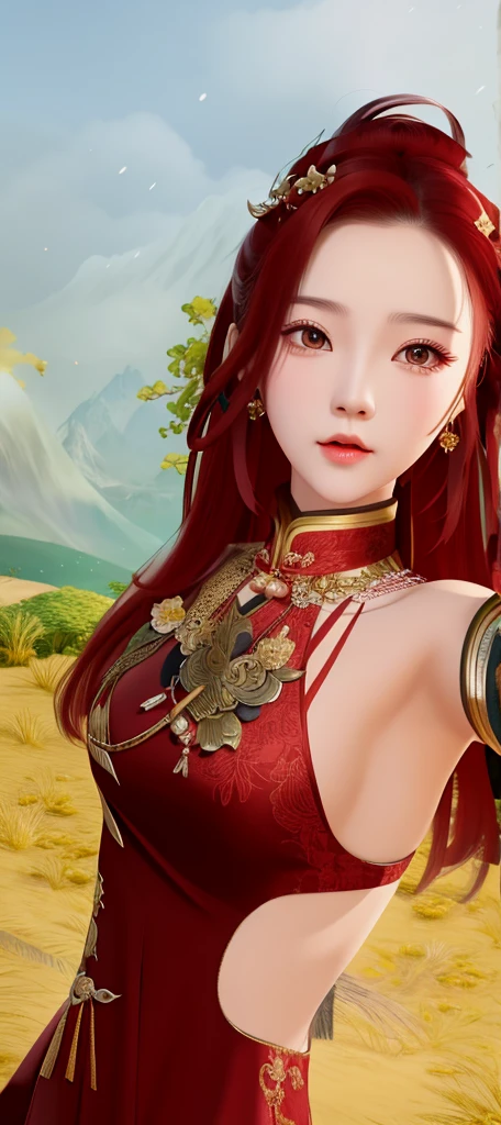 there is a woman in a red dress holding a sword, inspired by Du Qiong, inspired by Pu Hua, inspired by Lan Ying, inspired by Ju Lian, inspired by Li Mei-shu, inspired by Huang Ji, inspired by Sim Sa-jeong, inspired by Luo Mu, inspired by Shao Mi, inspired by Ren Xiong, inspired by Zhang Yan
