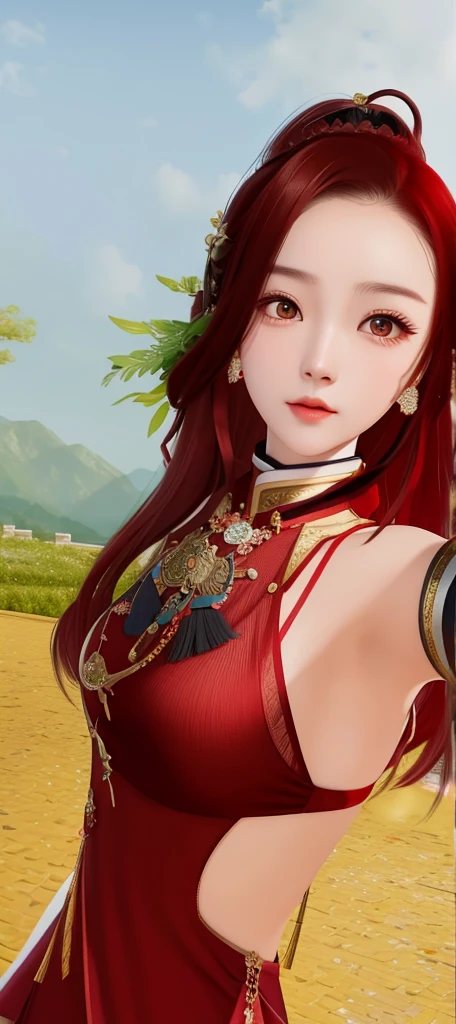 there is a woman in a red dress holding a sword, inspired by Du Qiong, inspired by Pu Hua, inspired by Lan Ying, inspired by Ju Lian, inspired by Li Mei-shu, inspired by Huang Ji, inspired by Sim Sa-jeong, inspired by Luo Mu, inspired by Shao Mi, inspired by Ren Xiong, inspired by Zhang Yan