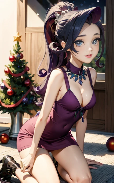 (La mejor calidad, Obra maestra), 1girl, 21 year old , brillar, vestido, Particle, viento, Flor, Parte superior del cuerpo , Mirando al espectador, cabello largo , lindos ojos , vestido rojo de navidad , Christmas Dress , maquillaje , labios rojos , sombra de ojos , hermosa sonrisa , background with christmas , senos grandes , largo cabello morado , pony tail , foto de cuerpo completo , pose sexy , Rarity , ojos color azul, linda sonrisa , ropa roja santaclaus