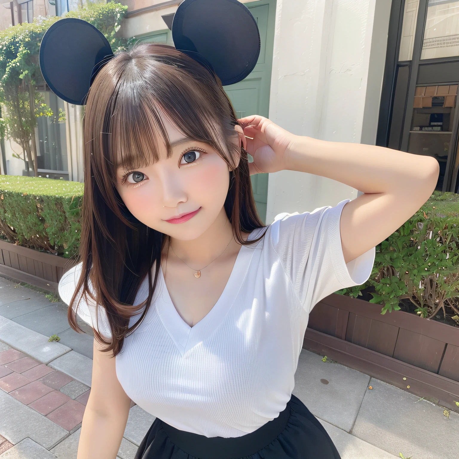 (Best Quality),(4K),(in 8K),(hight resolution),(Top image quality),cute little,1 girl in,独奏,Bright eyes、20college aged、Disney land、Cute clothes、mickey mouse black ears、white shirt、Clothes without patterns、 a miniskirt、Emphasized chest、Chest open、sexypose、summertime、tits out、Big breasts、I can see the cleavage、huge smile、seductiv