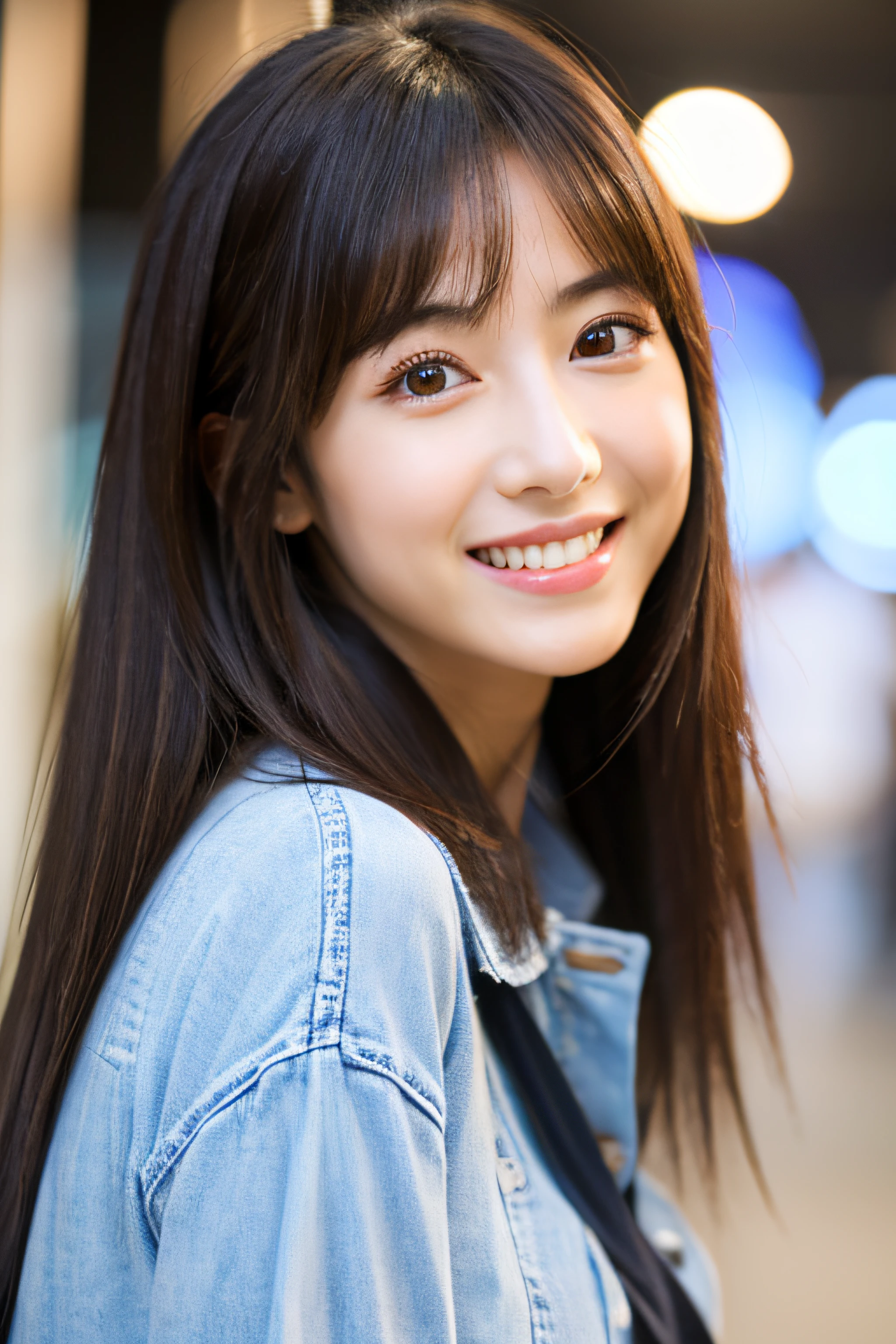 4K,Photoquality,Big eyes,lofty nose,length hair,A beautiful Japanese woman is standing and looking at me with a smile,The upper part of the body,Casual Fashion,Facing the front