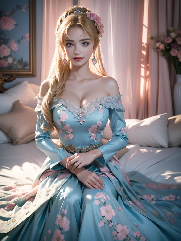 woman, (Natalie Dormer), (irish ginger, pale blue eyes), (slim:1.2), 25yo, queen in a castle, (royal dress, broderies, or, riche ornements), semi nude, (flat chest:1.1), perfect body, smile, american shot, thigh gap:1.4