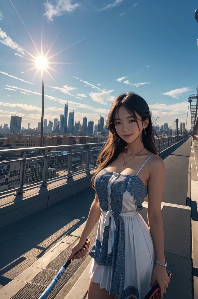 (masterpiece:1.2) (best quality) (detailed) (intricate) (8k) (HDR) (wallpaper) (cinematic lighting) (sharp focus),1girl, building, chain-link_fence, fence, skyscraper, cityscape, ferris_wheel, blue_sky, city, racket, sky, blush, tennis_racket, skyline, rooftop, architecture, smile, day, east_asian_architecture, lens_flare, tower, bridge, house, open_mouth, real_world_location, Abigail