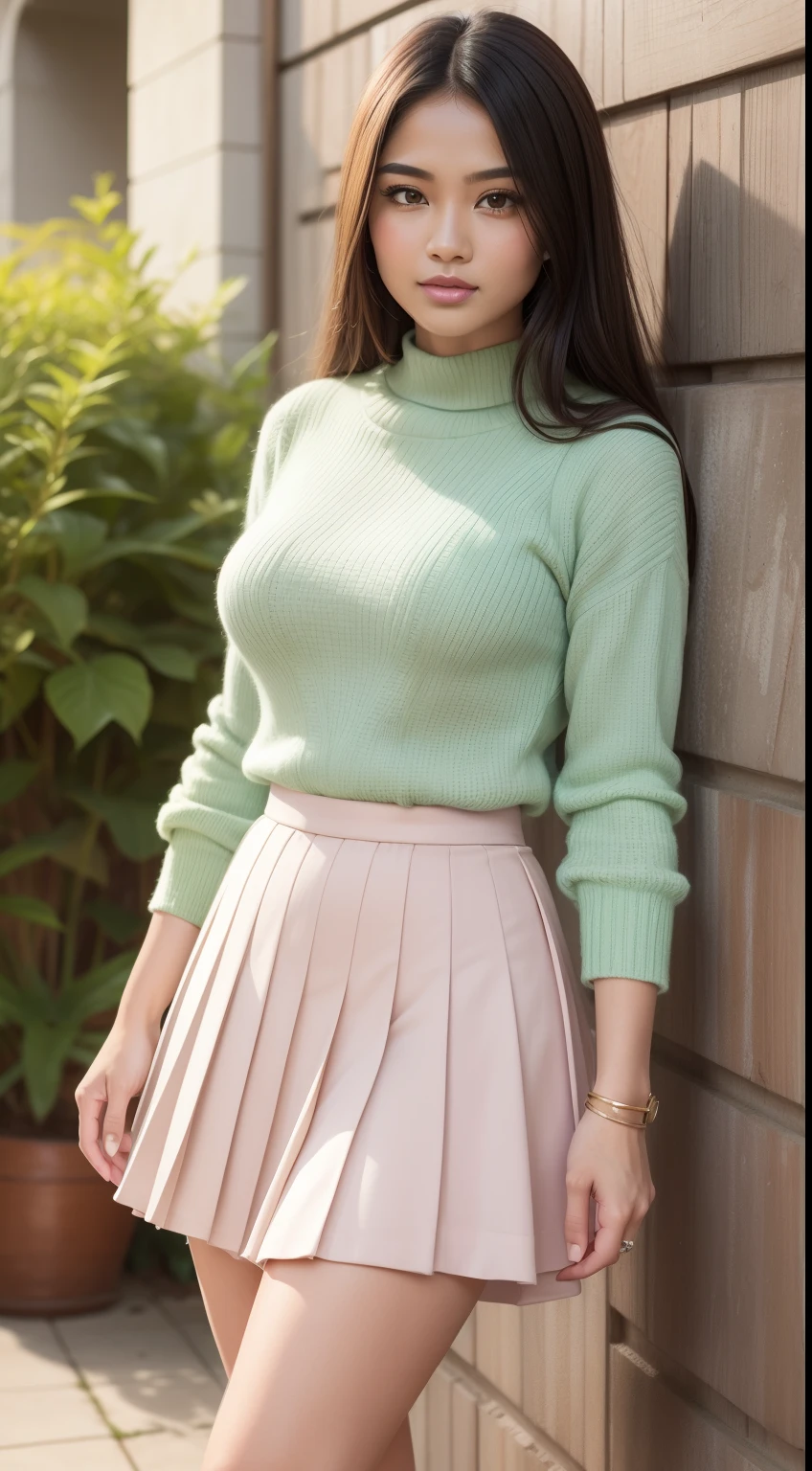 RAW, Best quality, high resolution, works: 1.3), beautiful Malay woman in hijap:0.8),1Beautiful Malay woman in hijap, beautiful face, watery eyes, perfect lips, big eyeig breasts)),perfect body, thick thighs ,soft smiling, wearing a green pleated red sweater and skirt, feminine in cute pastel colors, pleated skirt, feminine in pastel colors, wearing a long fluent skirt, layered clothes, wearing long flowing fabrics, pastel style, pastel clothes, in pastel colors, muted red and green, muted and pastel colors, in pastel colors, standing on floral garden, close up, bright lighting,