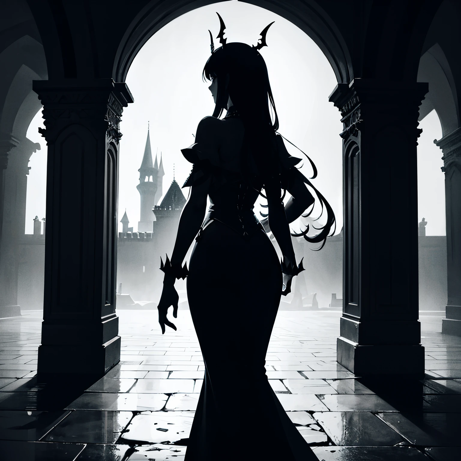 In the shadows of a dark castle, a mysterious woman roams the echoing halls, her silhouette blending with the eerie ambiance. The flickering candlelight reveals her regal attire as she navigates the labyrinthine corridors, embodying an enigmatic presence within the dimly lit fortress. In this gothic realm, the castle becomes a haunting backdrop for her quiet yet purposeful exploration.