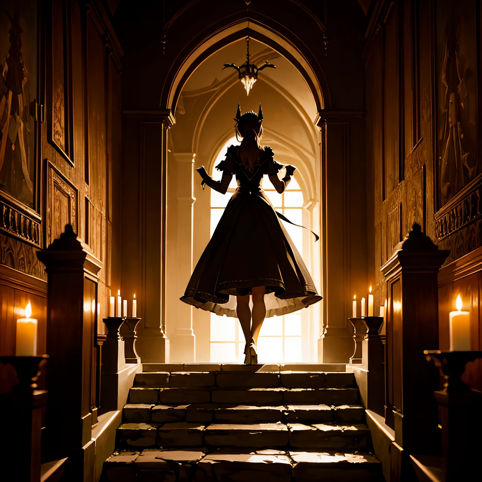 In the shadows of a dark castle, a mysterious woman roams the echoing halls, her silhouette blending with the eerie ambiance. The flickering candlelight reveals her regal attire as she navigates the labyrinthine corridors, embodying an enigmatic presence within the dimly lit fortress. In this gothic realm, the castle becomes a haunting backdrop for her quiet yet purposeful exploration.