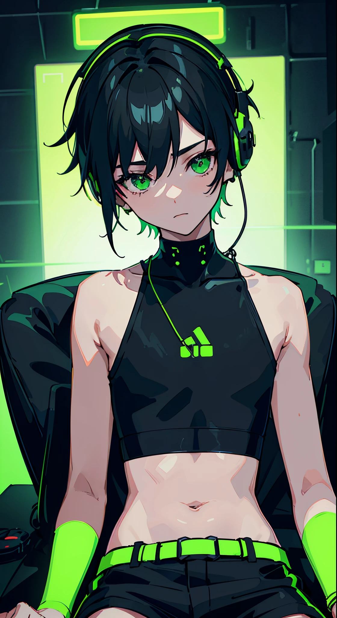 Teen boy sitting and playing on the computer, he is wearing a green and black crop top, dark neon room in game design, black green short top, headphones on head, Short top,