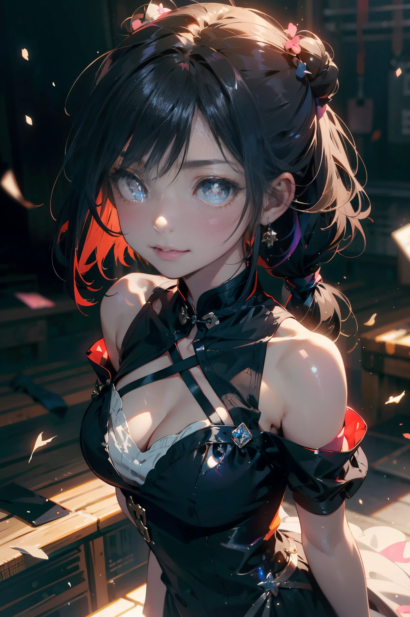 a 20 yo woman、Black blue Hair、poneyTail、Bun hair、Big smile、iridescent eye op fade:1.3)、dark themed、Muted Tones、Subdued Color、highly contrast、qipao dress、(natural skin textures、Hyper-Realism、Soft light、sharp)、tmasterpiece, Best quality at best, beautidful eyes,(bunnygirl),White pink black style, (Black pupils:1.5),Deep eyes,Detailed eyes, 详细的脸, scenecy, Detailed CG, ultra - detailed, Best shadow, depth of fields, Beautiful illustration, illustratio, Tremendously beautiful, perfect detail, 1girll, 独奏,camisole,cleavage,(The shoulder straps slip off:1.5), black andwhite, with short black hair,Off-the-shoulder attire,Insufficient tailoring, Hair is more than one eye, dynamicposes, Bright colors, fish eye, dent in the skin, poggers, Fly from above