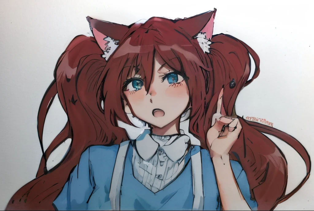 there is a drawing of a girl with a cat ear and a blue shirt, anime catgirl, catgirl, in an anime style, cute anime catgirl, anime style portrait, anime girl with cat ears, girl with cat ears, kawaii realistic portrait, anime cat, cat girl, in anime style, beautiful anime catgirl