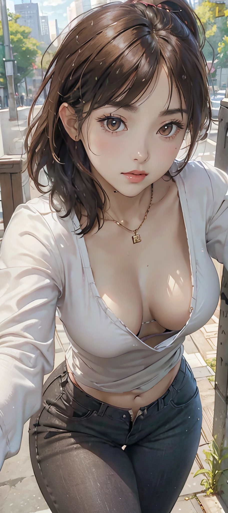 light-brown hair, small breasts, slim waist, thick thighs, shapely butt, slim body, ponytail, (((tight blouse))), cleavage, necklace, seductive posture, breast squeeze, downblouse, leaning forward, park, path, trees, flowers, distant city in the background, looking at viewer, sultry look, (((selfie)))