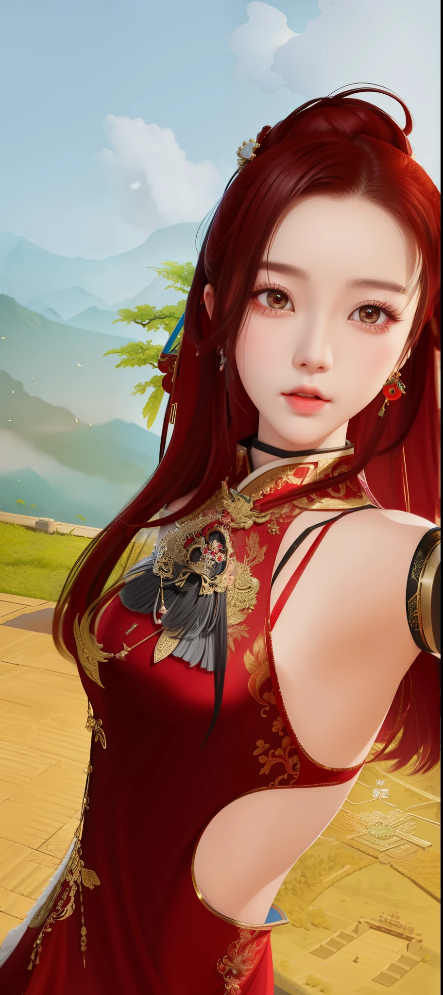 there is a woman in a red dress holding a sword, inspired by Du Qiong, inspired by Pu Hua, inspired by Lan Ying, inspired by Ju Lian, inspired by Li Mei-shu, inspired by Huang Ji, inspired by Sim Sa-jeong, inspired by Luo Mu, inspired by Shao Mi, inspired by Ren Xiong, inspired by Zhang Yan