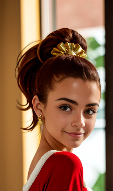 Photo of a 14 year-old american girl, .RAW, hermosa chica adolesenong brown hair with ponytail), light brown hair ponytail hairstyle((retrato)), ((Cara detallada:1.2)), ((Detailed facial features)), (Piel finamente detallada) , (Masutepiece) (proporciones perfectaotos realistas)(La mejor calidad) (Detallado) fotografiado con una EOS R5 de Canon, Lente de 50 mm, f/2.8, NffSW, (8k) (papel tapiz) (cinematic lighting) (Dramatic lighting) (foco nítido) (Enrevesado) senos medianos , pechos medianos , pecas en mejillas , cuerpo completo , hermoso cuerpo de mujer , lindo maquillaje , gran sonrisa , mujer delgada escultural , usa vestido de santa claus , disfras de santaclaus , Christmas decorations , fondo variado