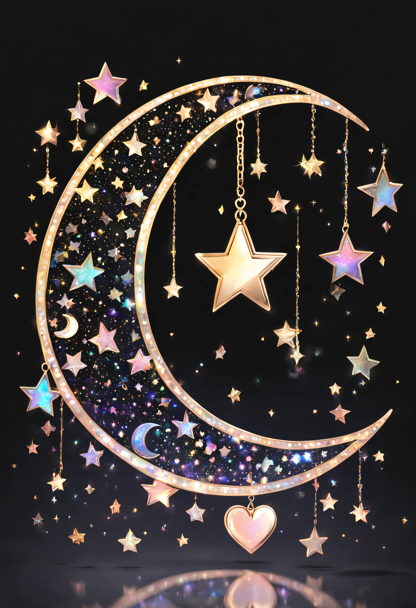 holographic, crescent moon, stars, heart, sparkle, black background