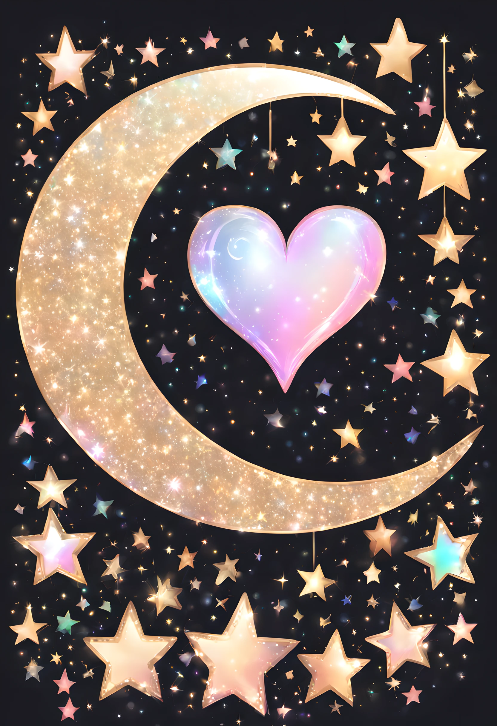 holographic, crescent moon, stars, heart, sparkle, black background