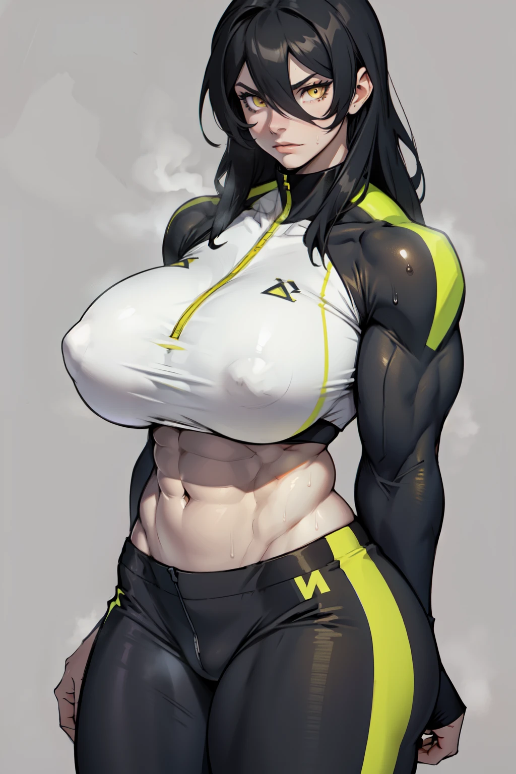 girl (1girl muscular grey background pale skin bodybuilder) toned body huge breasts thin waist black hair yellow eyes straight hair sweaty hair between eyes skintight