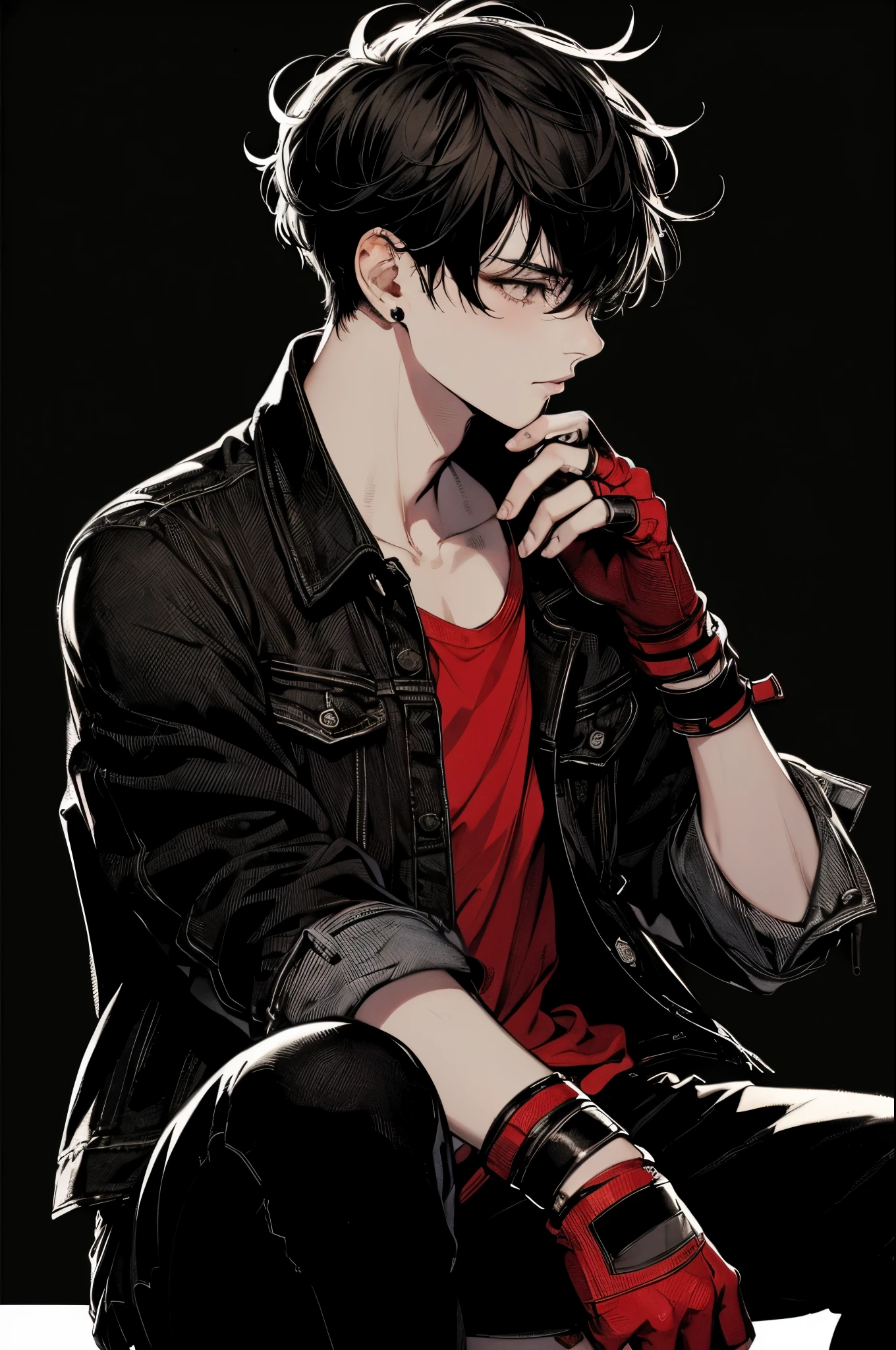 beautiful young man,
	•	dark hair,
	•	styled-down bangs,
	•	narrow black eyes,
	•	black jean jacket,
	•	red inner t-shirt,
	•	black baggy pants,
	•	red fingerless gloves,
	•	stylish black hairdo,
	•	side angle,
	•	head touching pose,
	•	thoughtfulness,
	•	dramatic solid black background,
	•	Japanese anime-style,
	•	clear line drawing,
	•	transparent watercolor,
	•	clear shading,
	•	detailed contrast.