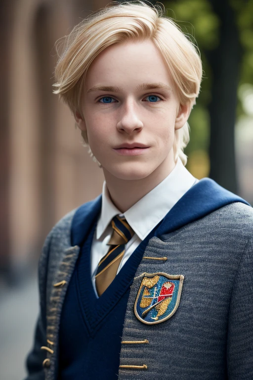 a young man, golden blonde hair, whole body, in hogwarts, masterpiece, realistic, 4k, detailed, of london in the day, highly detailed face, f2.8,denoise, dof, Ravenclaw school uniform, blur background,