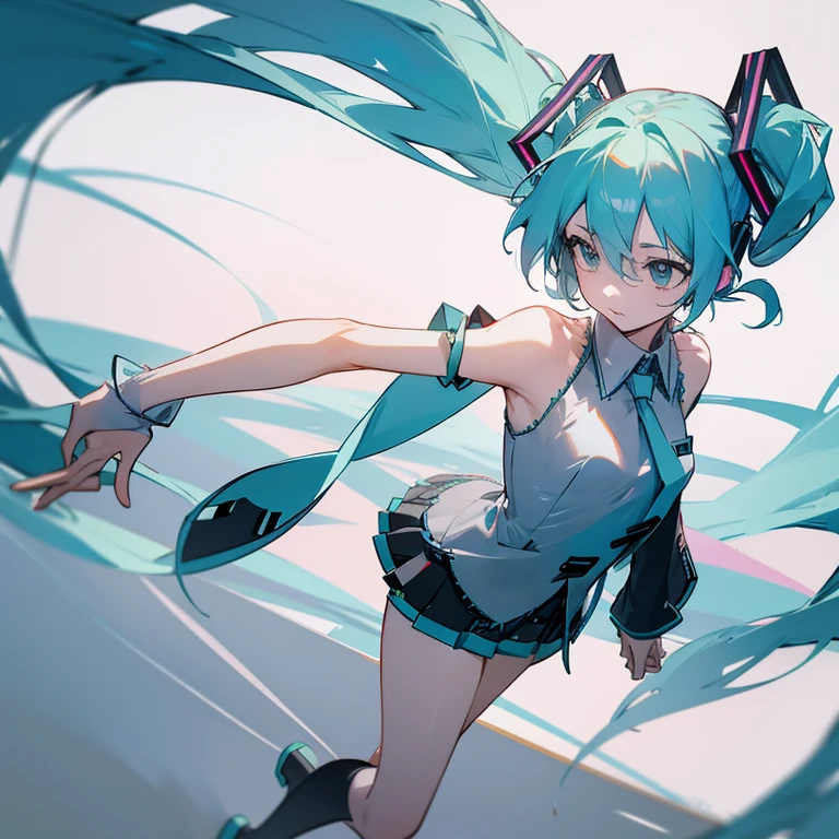 ((miku hatsune)) illustratio Dynamic A slender small tits anterior superior iliac spine full bodyesbian (an legs) Engaging pose a miniskirt Overhead view