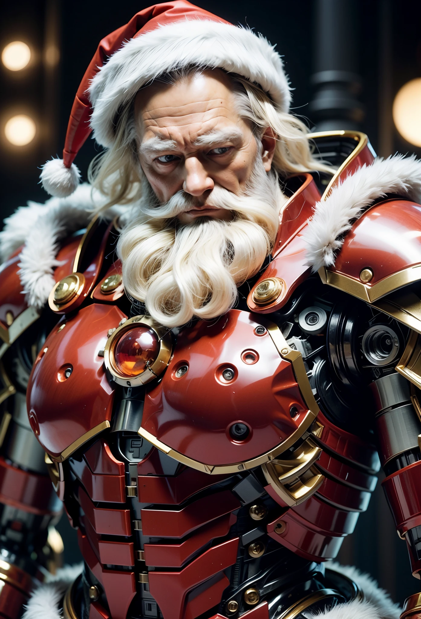 Close-up of Santa Claus wearing red armor and lights on his chest., Santa Claus Cyborg, Details of the humanoid robot, Fat body, closeup portrait shot, captured on canon eos r 6, (Realistic face details), intricate detailed, Portrait of a humanoid robot, very high details, Realistic photos, 8k, UHD, hyperdetailed, (Dynamic Poses:1.4),