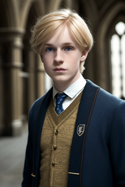 a young man, golden blonde hair, whole body, in hogwarts, masterpiece, realistic, 4k, detailed, of london in the day, highly detailed face, f2.8,denoise, dof, Ravenclaw school uniform, blur background,