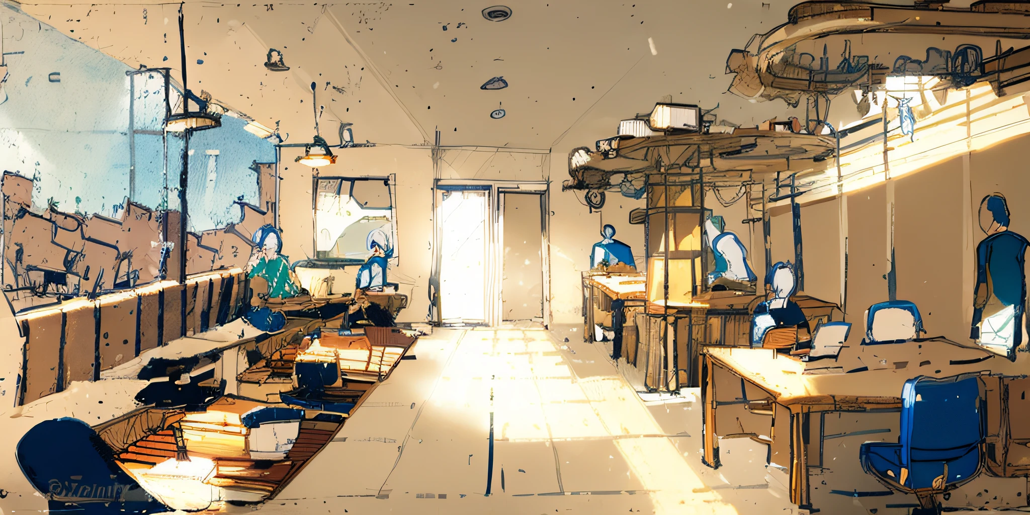 a drawing of a office with a lot of people sitting at tables, with sunlight from right frame windows