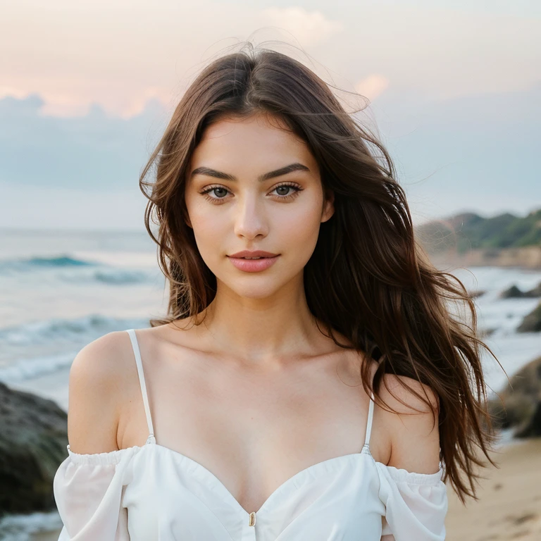 Brunette hair, white skin Woman walking on seaside, dark complexion, pierced nipples, mix 4, border sleeveless sweater, pillow, lips, open mouth, realistic, photo_\(medium\), solo, (masterpiece), (photorealistic: 1.3), ultra detailed, (high detail) skin: 1.2), (best quality: 1.0), (ultra high resolution: 1.0), (Orchan-6500: 0.3), wavy detailed hair, long hair, sunshine, (beautiful detailed makeup), (sexual arousal, blush, rough breathing: 1.0), sexy cleavage