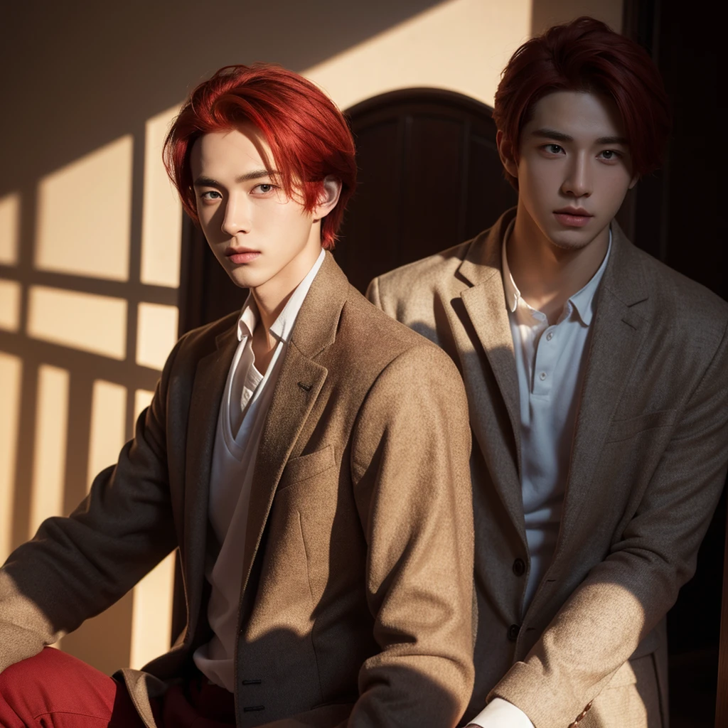 a handsome,Young men, Exactly the same red hair in real life , realistic outfit , Realistic light, realistic shadow, Realism, Hyper realistic,(Photorealistic:1.2), normal small eyes