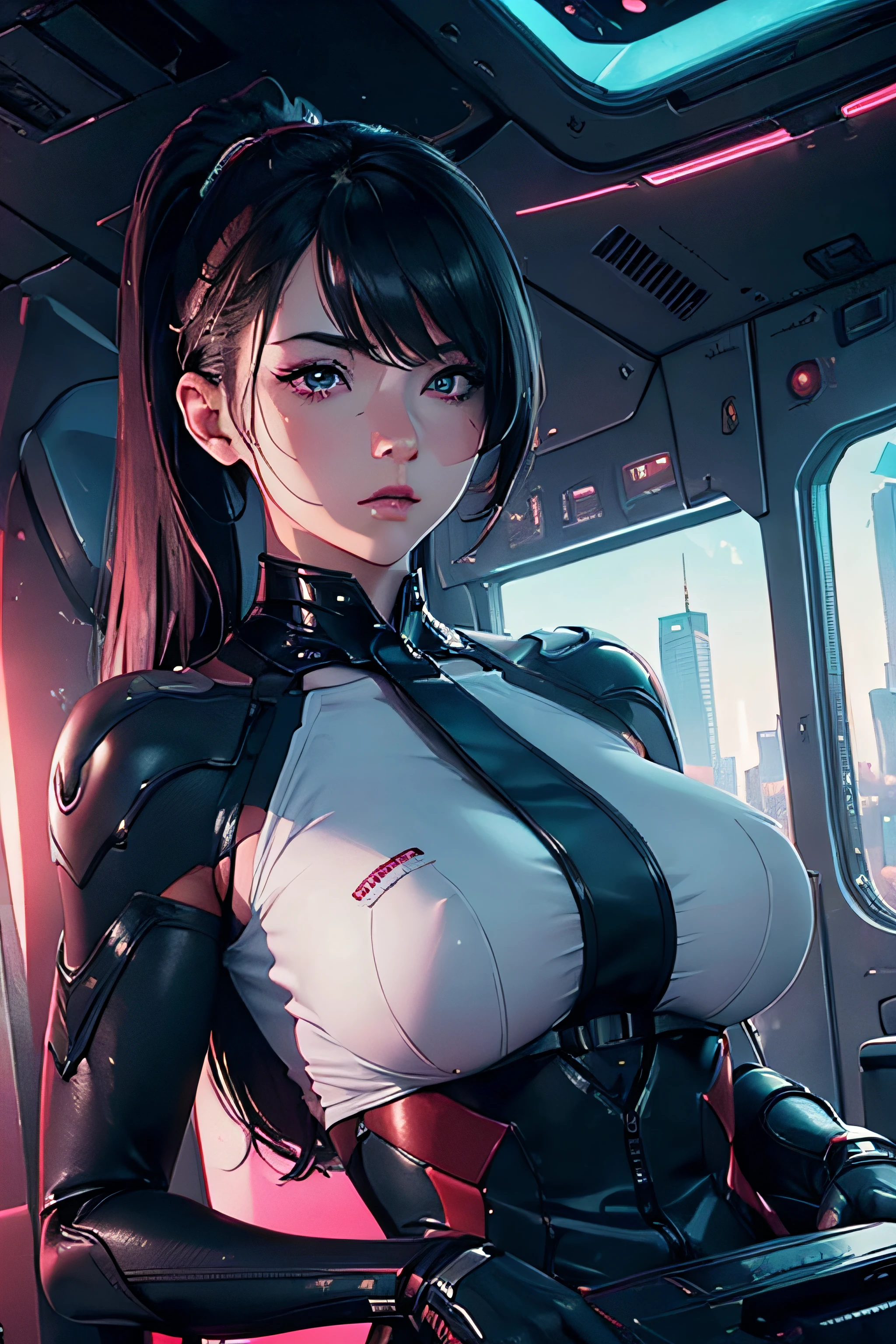 (1girls:1.3), bara, __Body Parts__ Sensitive & Realistic skin, pale skin, large, official art, 16k unified wallpaper, ultra-detail, Beauty and Aesthetics, beauty, masterpiece, bestquality, In Cyberpunk City, Wonderful atmosphere.., Calm color palette, Calm temperament, Light shadows, Flight attendant uniform, enchanting