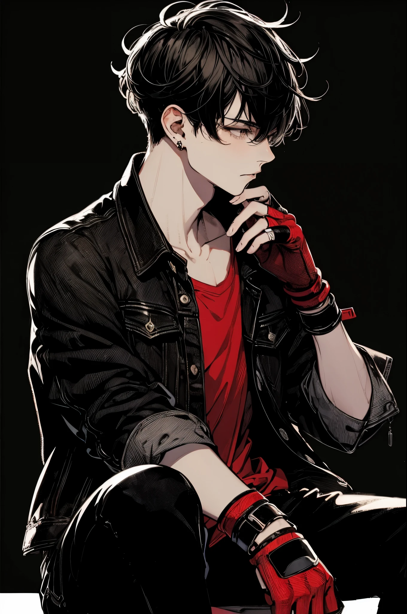 Beautiful young man,
	• Black hair,
	• Bangs down style,
	• narrow black eyes,
	• black jean jacket,
	• Red inner T-shirt,
	•Black baggy pants,
	• red fingerless gloves,
	• Stylish black hairstyle,
	• Side angle,
	• Head touching pose,
	• Thoughtfulness,
	• Dramatic solid black background,
	• Japanese anime style,
	・Clear line drawing,
	·Transparent watercolor,
	• Clear shading,
	• Detailed contrast.