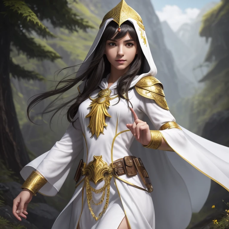  young role-playing style woman dark hair fair skin snub nose wearing white tunic with golden details priestess style with hood on her head and innocent expression small silver armor on her wrists utility belt full body image with school RPG landscape background