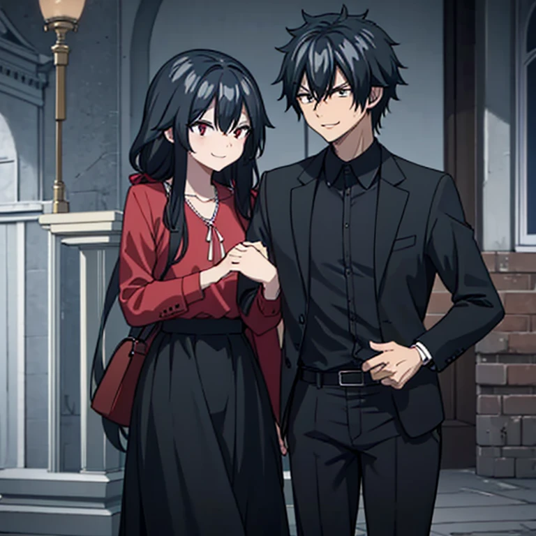 a man in black casual clothes holding the hand of a woman with red eyes red casual clothes, sorridentes, em um parque