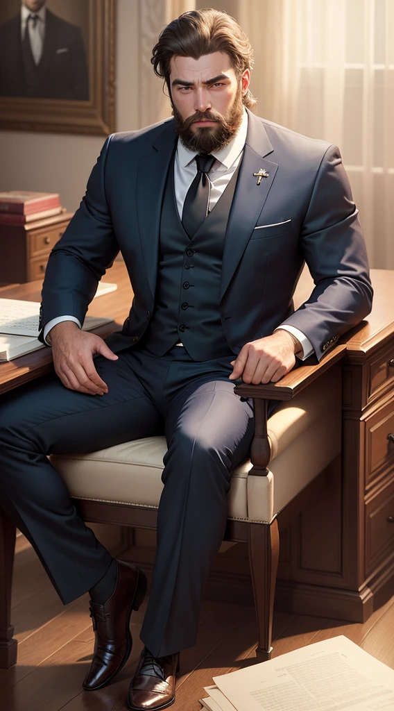 Create an ultra realistic image in high quality real image a man in an elegant cross-legged suit sitting behind a luxurious desk holding both hands in front of a bearded man