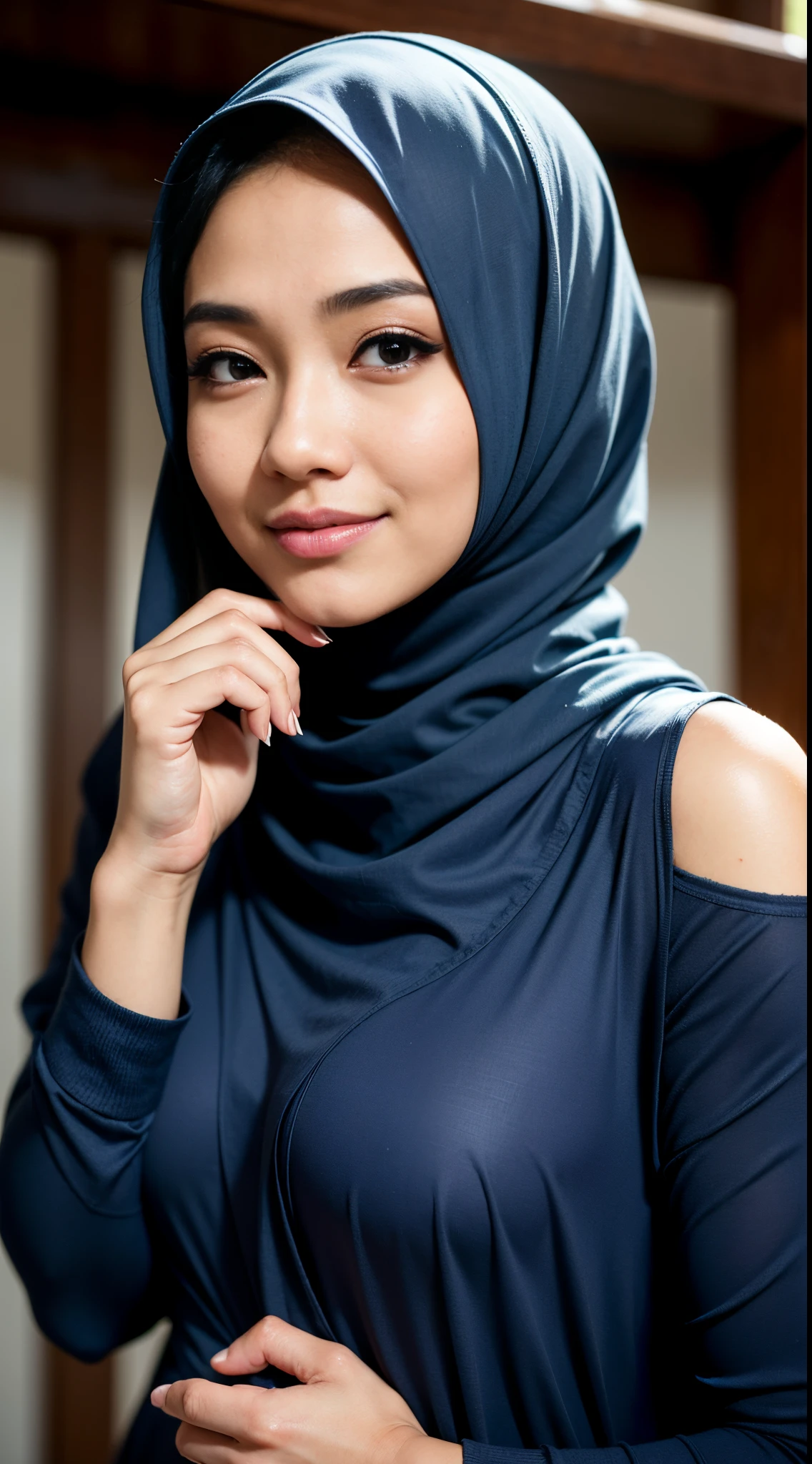 1 malay girl , modern plain hijab,  shy, medium portrait shot , watery  eyes ,lip watery, lip glossy, open mounth, big breast, 1 Malay girl, modern plain hijab, shy, medium portrait, watery eyes, RAW, Best quality, high resolution, masterpiece: 1.3), beautiful Malay woman in hijap:0.8),perfect nose,perfect lips, perfect eyes, detail :1.2), beautifull face, soft smile,Beautiful woman wearing a hijap,  a woman in a dark blue dress and a red scarf,  hijab, jessica kumala wongso, Beutifull girl, lovely smile, lovely woman, with lovely look, with a beautifull smile, cute beautiful,((close up))