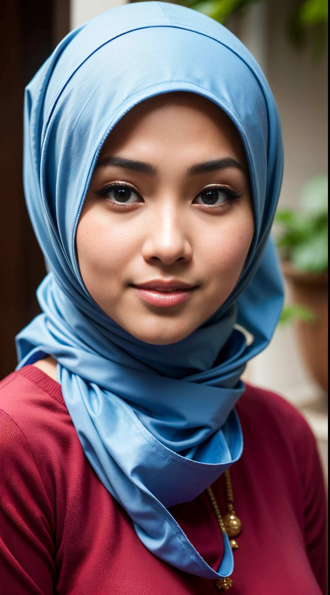 1 malay girl , modern plain hijab, shy, medium portrait shot , watery eyes ,lip watery, lip glossy, open mounth, big breast, 1 Malay girl, modern plain hijab, shy, medium portrait, watery eyes, RAW, Best quality, high resolution, masterpiece: 1.3), beautiful Malay woman in hijap:0.8),perfect nose,perfect lips, perfect eyes, detail :1.2), beautifull face, soft smile,Beautiful woman wearing a hijap, a woman in a dark blue dress and a red scarf, hijab, jessica kumala wongso, Beutifull girl, lovely smile, lovely woman, with lovely look, with a beautifull smile, cute beautiful,((close up))
