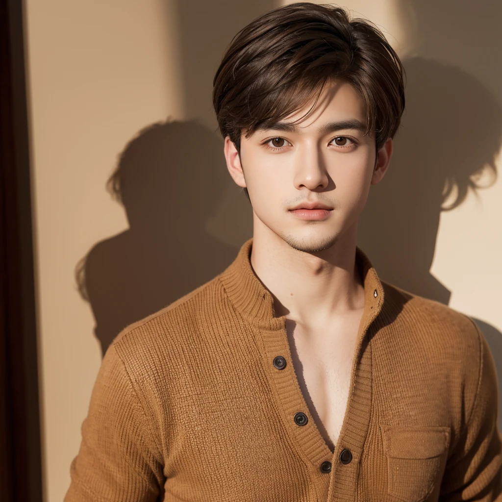 a handsome,Young men, Realistic and exactly the same short brown hair , realistic outfit , Realistic light, realistic shadow, Realism, Hyper realistic,(Photorealistic:1.2), normal small eyes